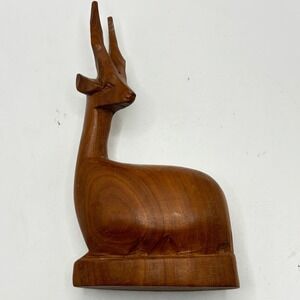 Vintage Hand Carved Wood Gazelle Antelope Figurine Mid Century Modern 7.5" Brown